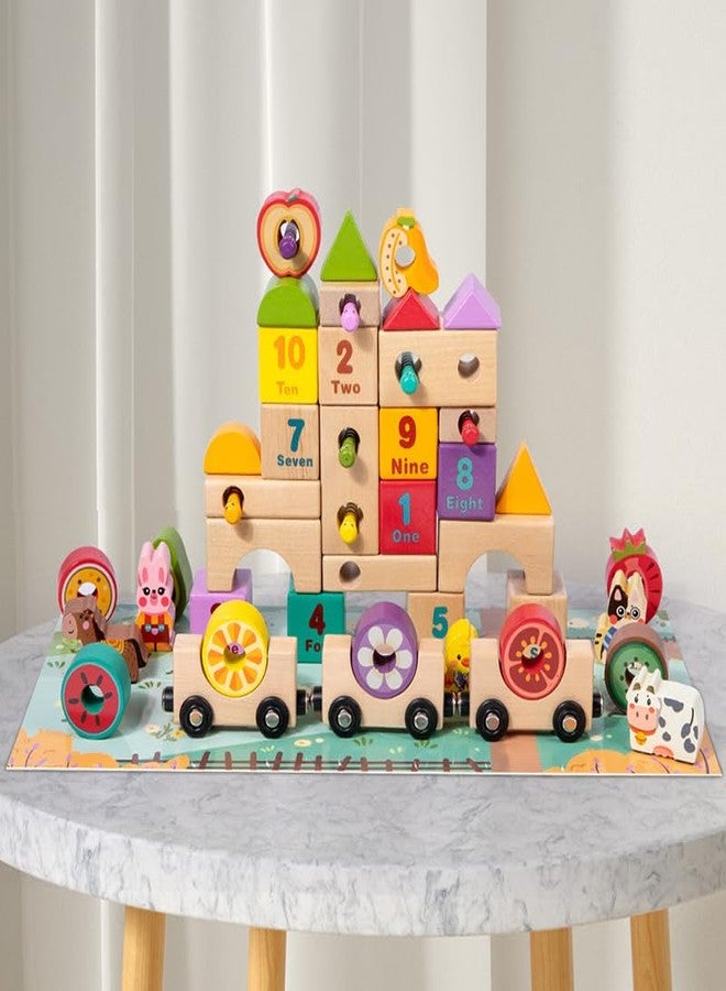 DIMAZO 50 Pcs Wooden Farm Animal Train Building Block Set for Kids | Early Learning, Number Recognition & Montessori Skill Development Toy for 3+ Years Boys Girls - Image 3